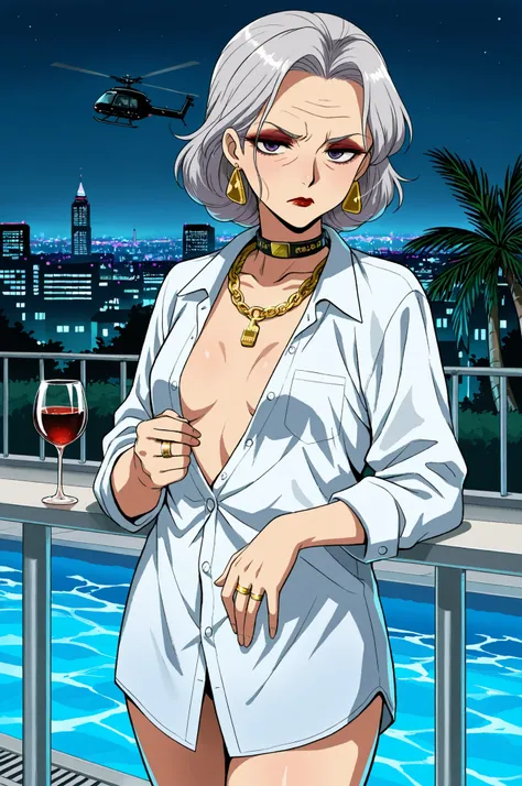 Grandma. gray hair, short hair, dark red lips, wrinkles, earrings, makeup, small breasts, cowboy shot, frown ,looking at viewer, masterpiece, best quality, amazing quality,  old woman and young femboy.| GTA tyle: Tony Montana, in his early 40s with olive s...