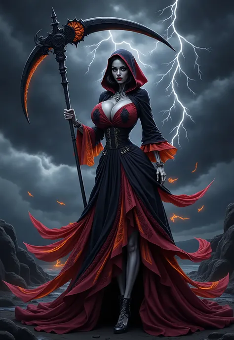 A dark fantasy digital art piece of a skeletal figure in a flowing red and black dress against a stormy background. The female wears a hooded cloak with intricate black lace patterns and high-heeled black boots with decorative buckles. The dress has dramat...