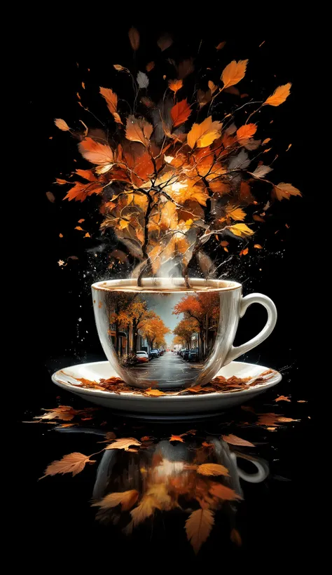 masterpiece, best quality, Jeddblexp,double exposure, blended coffee cup, double exposure with autumn leaves and city street , no humans, black background