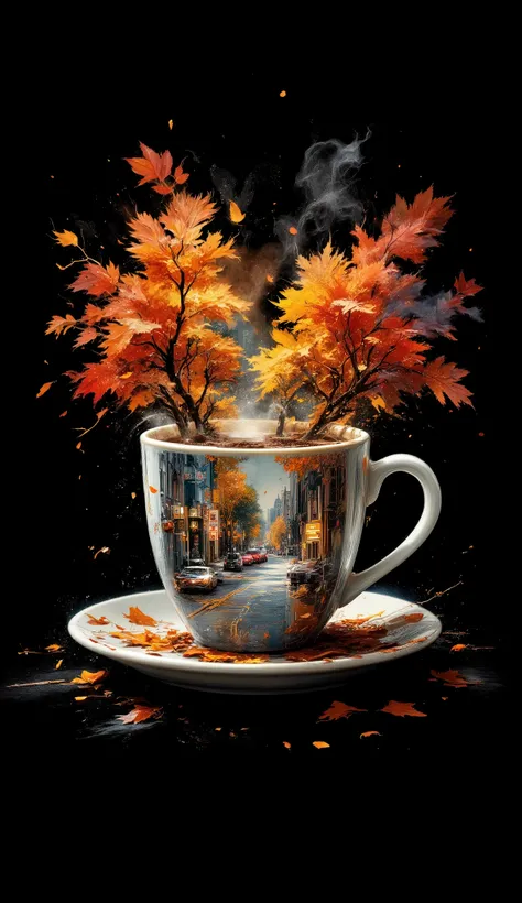 masterpiece, best quality, Jeddblexp,double exposure, blended coffee cup, double exposure with autumn leaves and city street , no humans, black background
