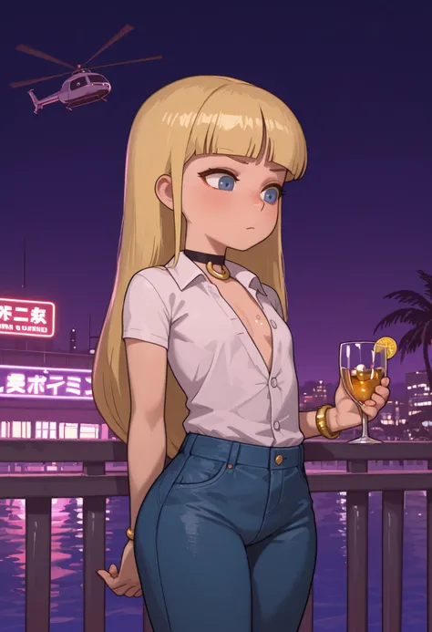 Pacifica Northwest, flat breasts, flat chest, skinny, huge hips, long hair, blonde hair, choker , | GTA tyle: Tony Montana, in his early 40s with olive skin, stands confidently on the balcony of a lavish Miami mansion at night, city lights flickering in t...