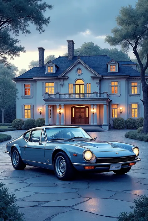 in the afternoon, A retro sports car is close to a beautiful mansion where the lights are on, a real car near a real house.