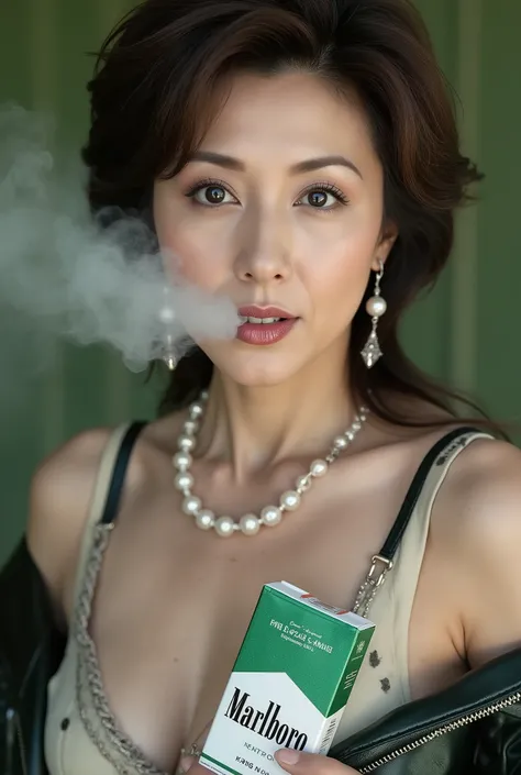 Close-up portrait of an attractive 50-year-old Japanese woman exuding elegance and sensuality. (Smoking: 0.8), ((Cigarette in mouth)), ((Hyper-realistic image of a green and white Marlboro Menthol pack)), ((Marlboro Menthol pack in breast pocket)), ((Holdi...