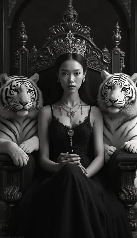 A professional picture of a girl wearing a crown on a royal chair with a white tiger around her. It means that it shines in black and white. 8k resolution
