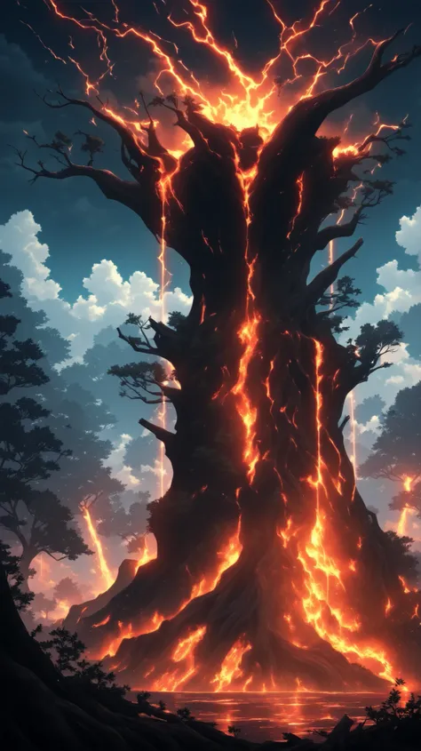 background,volcanic lightning,anime-style, a solitary battle mech patrolling near a wooden watchtower hidden deep in the forest,  
molten ash falls from the clouds lit by fiery lightning strikes,  
its surface reflects brief flashes of light,  
tree roots ...