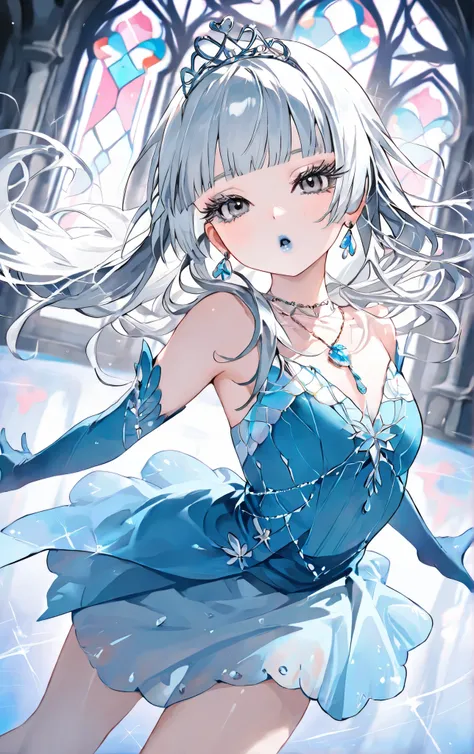 score_9, score_8_up, score_7_up, score_6_up,
1girl, teen girl, highschool girl, elegant icy blue dress with snow accents, white hair, hime-cut hair, straight hair, long hair, grey eyes, thick lips, small, long eyelashes, heart shaped tiara, glass necklace...
