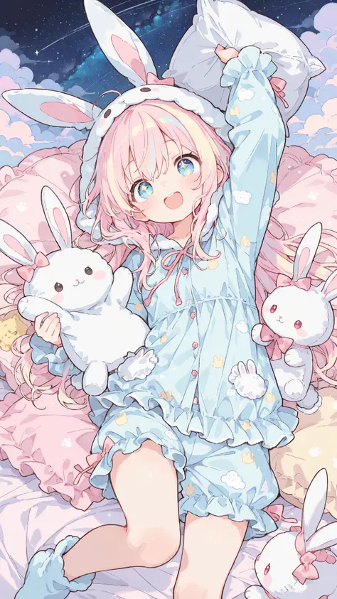 Cute,748cmstyle,(masterpiece:1.2, best quality), (beautiful detailed eyes:1.2), ((beautiful girl)), (very detailed CG, ultra detailed), (very detailed and beautiful:1.1), (perfect details:1.1),two cute girls, sleepwear battle, frilly pajamas, animal kigurumi (rabbit), pillow fight, stuffed animal attack, dreamlike background, starry sky, candies, clouds, pastel colors, dynamic pose, happy expression
