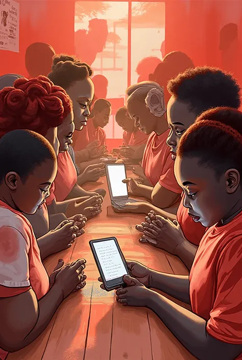 An inspiring image showing diverse people (youth, women, people with disabilities) using adapted digital tools: braille screen, smartphone, laptop. Positive and inclusive atmosphere, red and white colors. I want a more realistic image of Africans.