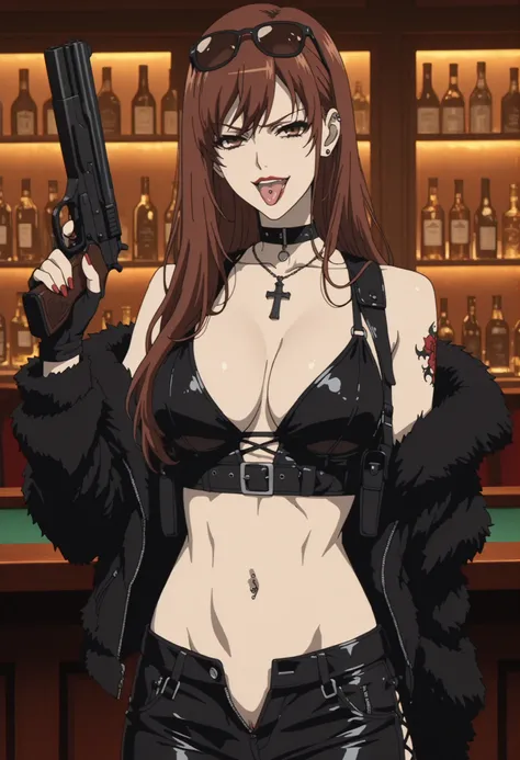 akazawa izumi, brown hair, long hair, brown eyes, nail polish, ,makeup , ear piercing, long hair, lipstick,Hot girl, baddie, smoking, sensual, attractive , choker, ,cross necklace,, bar background, inside bar ,indoors, , casino, , fur jacket , bare shoul...