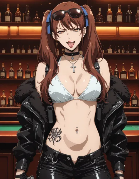 akazawa izumi, brown hair, long hair, twintails, blue hair ribbon, brown eyes, ear piercing, long hair, lipstick,Hot girl, baddie, smoking, sensual, attractive , choker, ,cross necklace,, source_anime, rating_safe,bar background, inside bar ,indoors, , c...