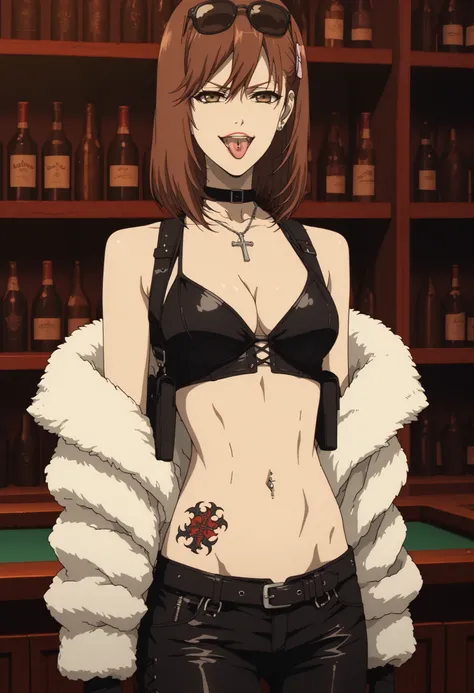 score_9, score_8_up, score_7_up, score_6_up, score_5_up, source_anime, , 1girl, solo, ogura yumi, brown hair, medium hair, pink hair pin, brown eyes, , nail poilsh, ear piercing, , lipstick,Hot girl, baddie, sensual, attractive, ,cross necklace, choker,,b...