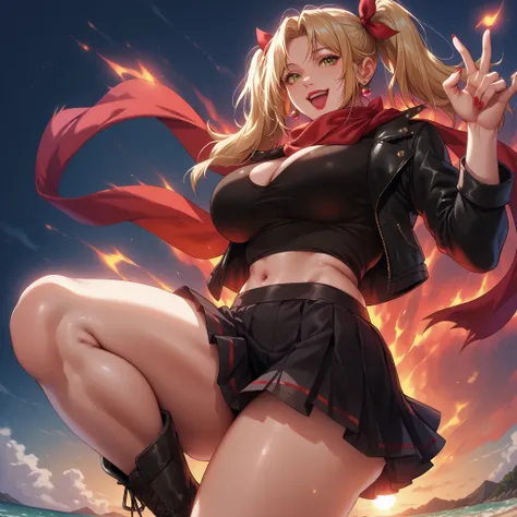 perfect hands, five fingers on each hand, blonde, twintails, ribbons, green eyes, black top, big breasts, happy, high energy, red lips, leather jacket, pleated skirt, black skirt, thick thighs, young woman, red scarf, exposed navel, curvy, boots, beachsid...