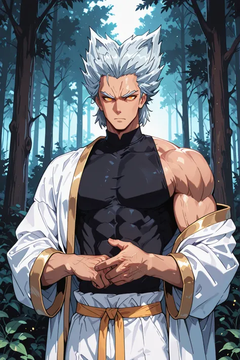 top quality, very detailed, Perfect Description , Mature Male Garou, rebellious short silver hair, Texture unique to the original, Strong masculine beauty , distinct jawline, Sexy side face, perfect muscular upper body, wide shoulder line, firm chest musc...