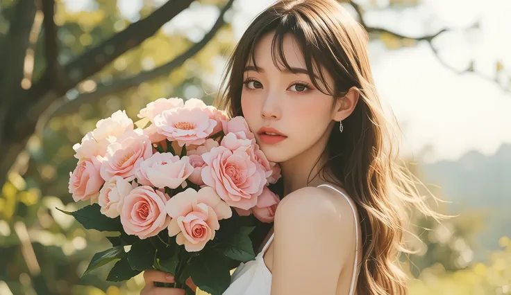 Super Quality, artistic, Japanese woman wearing a white camisole dress with a big bouquet,natural bangs、