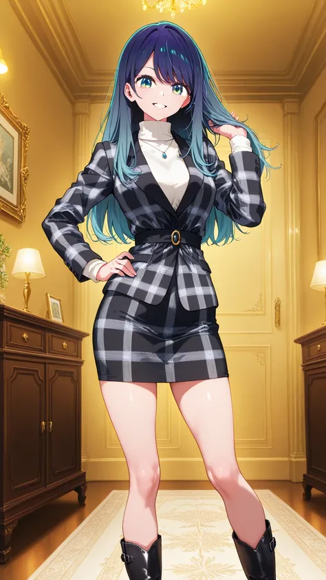 masterpiece, better quality, ultra detailed, Kurokawa Akane (Oshi no ko), smile, cuerpo completo, 1 girl, cabello azul, shaded hair, multicolored hair, long hair, multicolored eyes, blue eyes, green eyes. standing, smiling, cuerpo completo, shot of a cowboy, elegant room, one hand on the hip and the other gently touching her hair while smiling. standing, Fashion Poses (Modeling clothes), one hand on the hip and the other gently touching her hair while smiling. She wears a white turtleneck sweater, a short skirt with dark plaid design and a gray checkered blazer. She is wearing high black leather boots above the knee.