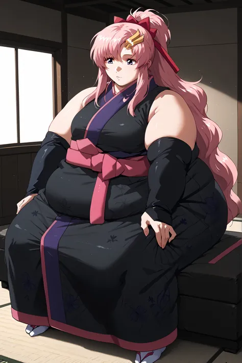 masterpiece, best quality, 1girl, solo, Lacus ClyneAA,blue eyes,pink hair, long hair, hair ornament,ponytail,hair ribbon,sleeveless,short kimono,sash,black kimono,black bridal gauntlets, elbow gloves,, full body,immobile, obese,indoors,sitting