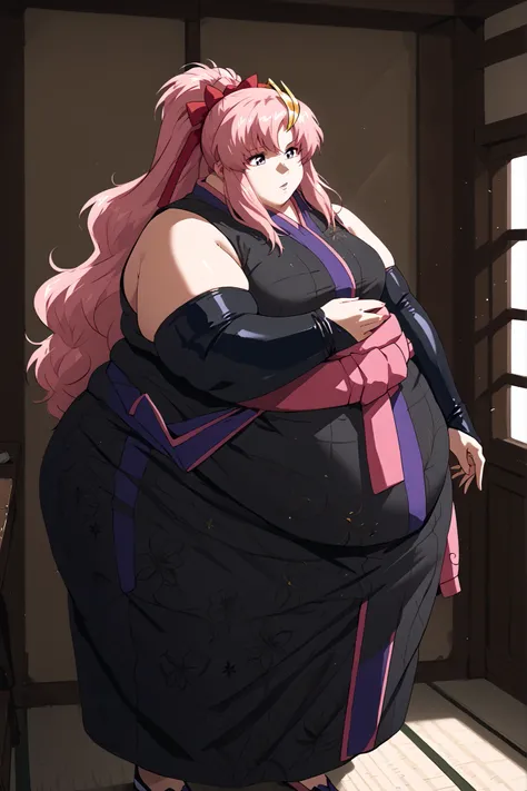 masterpiece, best quality, 1girl, solo, Lacus ClyneAA,blue eyes,pink hair, long hair, hair ornament,ponytail,hair ribbon,sleeveless,short kimono,sash,black kimono,black bridal gauntlets, elbow gloves,, full body,immobile, obese,indoors,floating