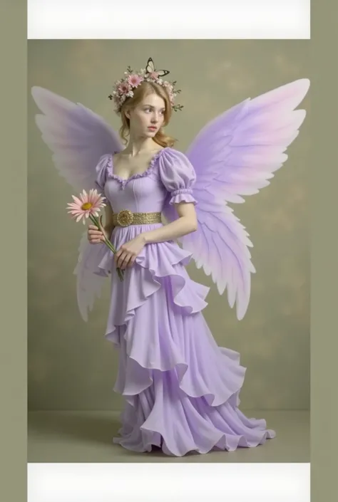 An ethereal figure stands with a sense of grace, donned in a flowing lavender gown that cascades in ruffled layers to the floor. The dress features a soft puffed sleeve design and a shimmering gold belt cinching the waist. From behind, delicate wings exten...