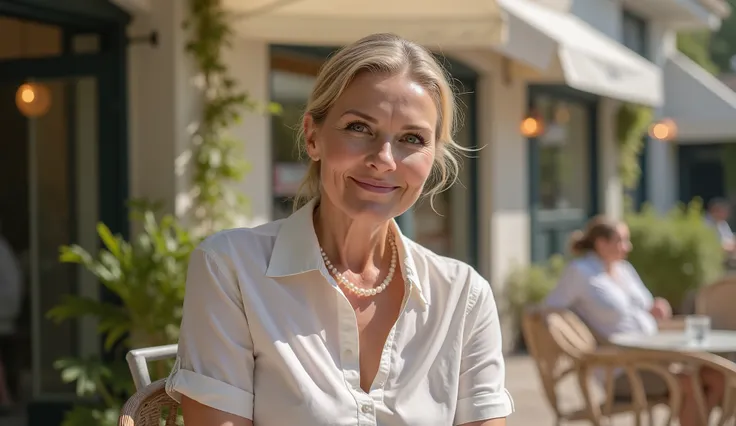 Görsel Promptu: ((RAW Photo)), masterpiece, best quality, (Extremely detailed 8k cinematic film still), ((Elegant medium shot)), the stunning woman (HeatherFlux face, 60 years old) is having breakfast at a small outdoor cafe. She is wearing a ((simple whit...