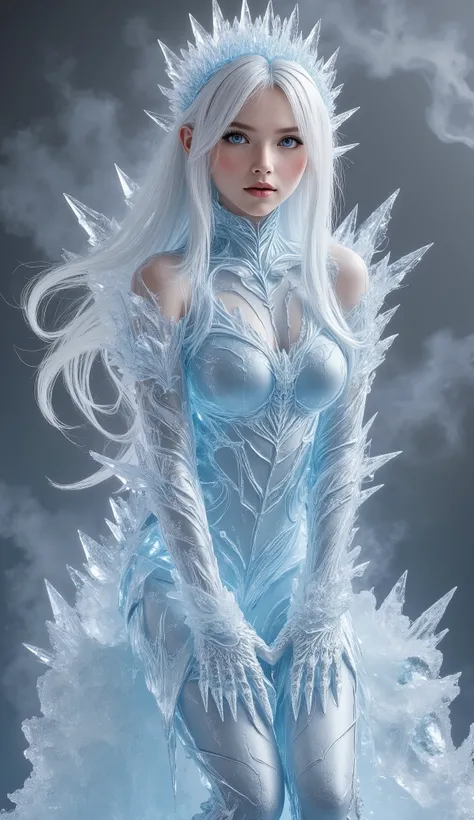 ice sculpture girl, Beautiful young sexy pre-teen adolescent little daughter made by ice, light blue ice skin, wearing dress made by frozen ice, light blue opera gloves made by frozen ice, sit on big ice rock, in iced world, Sexy, Adorable, and Alluring co...