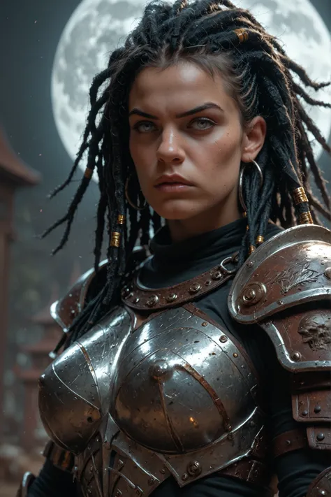 This is a hyperrealistic digital portrait of a fierce, pale-skinned woman with black dreadlocks. She has one grey eye and the other yellow. She has a scar above her left eyebrow and wears a highly detailed silver moon-shaped chain around her neck. Her armo...