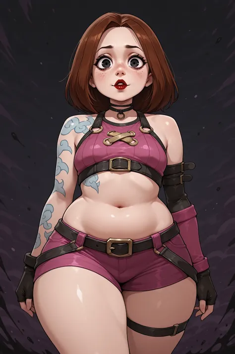 Meg Griffin. brown hair. medium hair . black eyes . small breasts, huge hips . chubby. choker. red lips. | , shoulder tattoo, jinx (league of legends), clothing cutout, freckles, beautiful eyes, detailed face, looking at viewer, dynamic composition, yander...