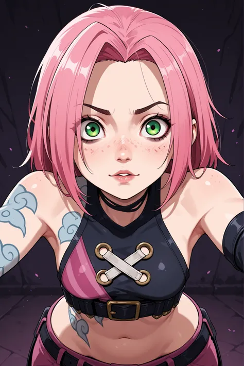 Sakura Haruno. small breasts, huge hips, pink hair, medium hair, light green eyes, thin lips, very fair skin, big forehead. | shoulder tattoo, jinx (league of legends), clothing cutout, freckles, beautiful eyes, detailed face, looking at viewer, dynamic c...