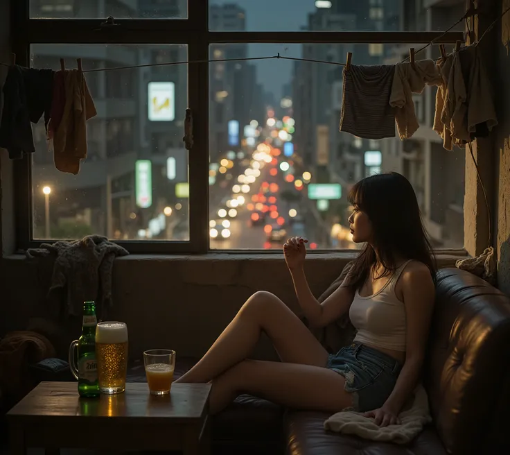 The image portrays a person sitting in a dimly lit room, looking out a window at a bustling city street at night. The subject, a woman with dark, slightly disheveled hair, is wearing a simple white tank top and cutoff denim shorts. She's seated on a brown ...