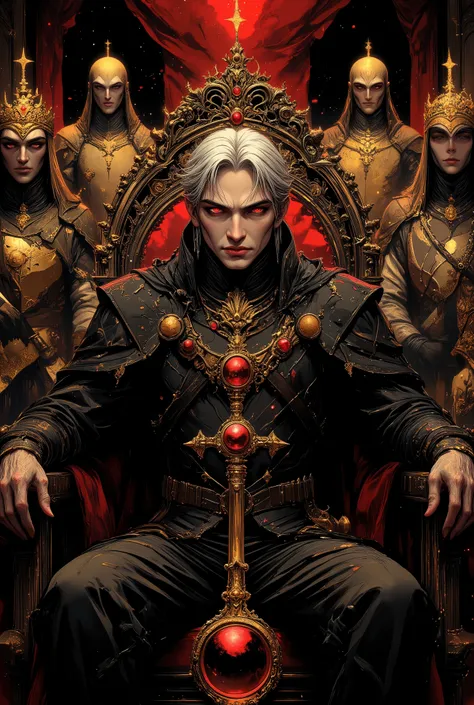 prompt
majestic vampire lord (aristocratic features, piercing red eyes, platinum hair), ornate black-gold royal attire with living shadow cape, elite vampire guards in crystalline armor, beautiful undead courtiers in baroque silk gowns, ancient crown radia...