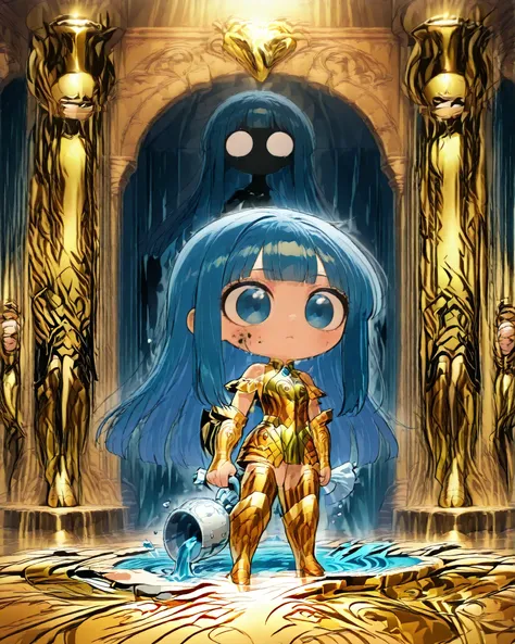 side angle, (masterpiece, best quality, 4k, anime illustration, dark fantasy, horror, cinematic lighting), {chibi}:(beautiful and attractive mystical chibi with long blue hair floating like liquid, golden water bearer armor molded with very detailed fluid ...