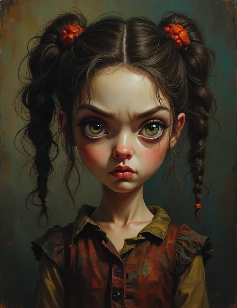 ((portrait: 1girl))angry expression, Pixar style, Somber, Negative, crooked, weird, (Big eyes), (((nude))), wednesday addams, Pero Tim Burton