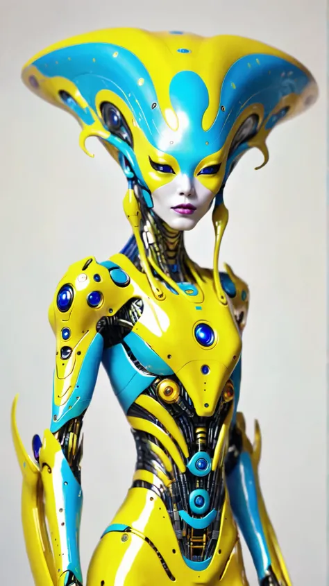 Alien god  ,a woman with blue hair and a yellow robotic suit, 