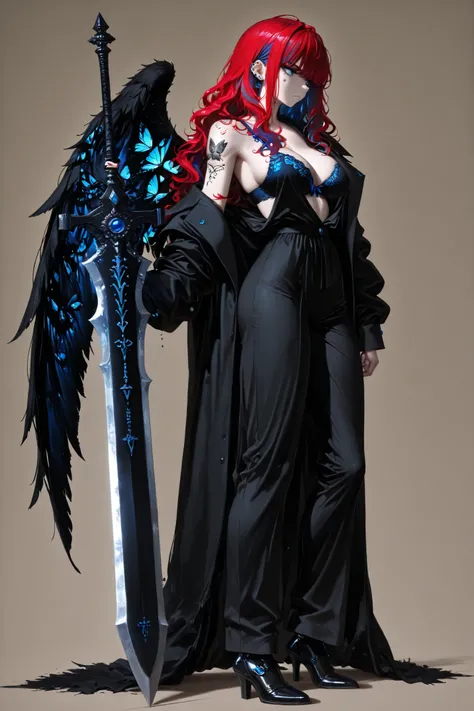 wolfcut, fluffy hair, voluminous hair, wavy centerparted, wavy bangs, wavy hair,,side angle, full body, (masterpiece, vivid color, 4k), {1woman}:(a beautiful and attractive woman, bra size L, with "long red hair:1.2" with blue highlights and a rebellious h...