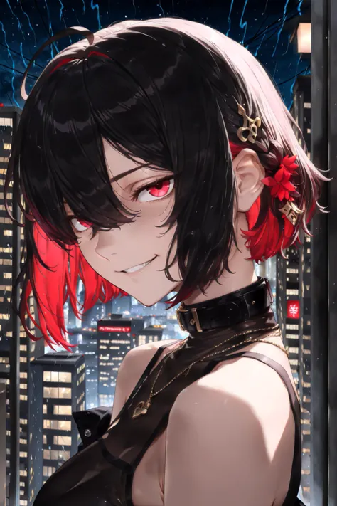 Night City, soft rain, thunder ,partially covered in shadow,(looking at viewer, side shot, portrait shot:1.22), dynamic shot, dynamic pose, warrior, (medium shot, three quarter shot:1.3), (1girl:0.35), solo, masterpiece, best quality, amazing quality, very...