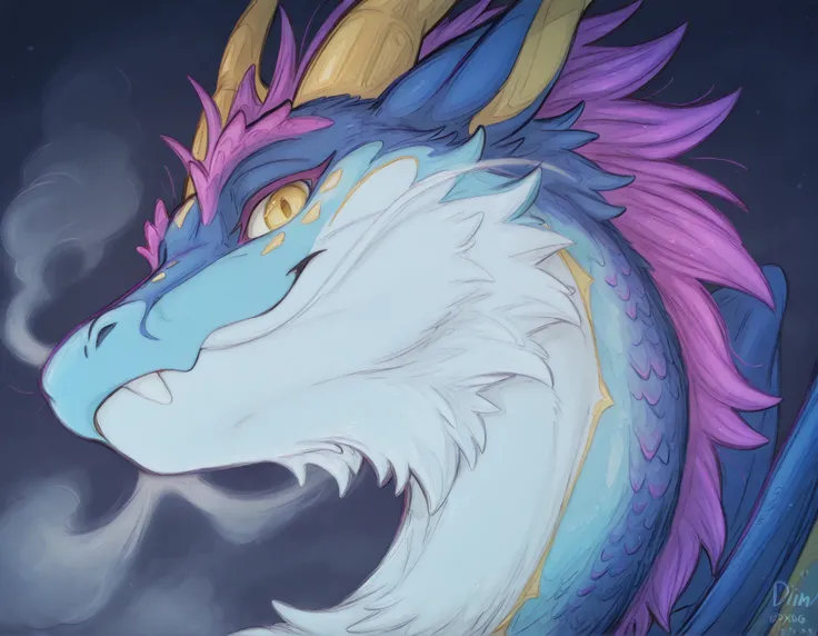 (by dimwitdog), (by skygracer), detailxl, (solo), (male), (quadruped), (chinese furred dragon), long body, long neck, cute, 24 years old, thermal lakes, fur tuft on neck, fur tuft on abdomen, scaly abdomen, two horns, yellow eyes, slit eye pupil, two long ...