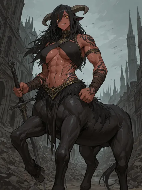 (best quality, masterpiece), 1 woman, dnd, bulltaur, horns, black mare, handsome, wise woman, strong build, volputrous and strong, yellow eyes, horns, monster girl, black hair, athletic, exposing the abdomen, beautiful girl, proporcional human body, muscul...