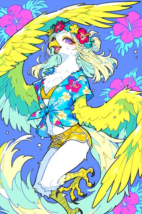 The girl is a hybrid of a parrot, a harpy furry. She has yellow feathers all over her body. She has purple eyes and makeup a orange eyeshadow,bird's beak and red cheeks. She has snow-white fluffy bob hairstyle with hibiscus flowers  wreath. She has yellow ...