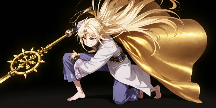 A young male character who is short, cerca de 1.5 metros de altura. He stands alone against a black background for make the character stand out. He has a physical constitution and height equivalent to Killua Zoldyck from Hunter x Hunter. He has long blond ...