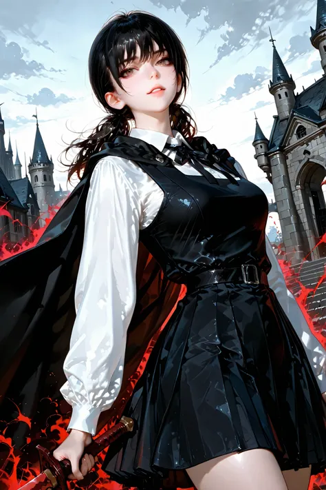 1 girl , Mitaka Asa, long hair , low ponytails , brown eyes , pretty eyes , detailed eyes, long eyelashes, beautiful eyes, beautiful face, face sculpted with hyper-realistic details, beautiful hair, medium breasts, school uniform, black dress, pinafore dre...