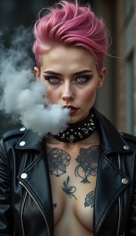   Best Quality,   master's work  ,  high resolution , 1 girl,  face very beautiful , The eyes are very beautiful.,  super pretty pink mohawk hair ，( magazine covers :1.2)，extremely tattooed, naked under black leather biker jacket  , There are a lot of tatt...