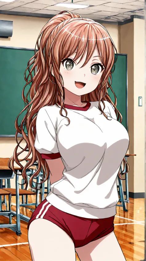 masterpiece,best quality,unity 8k wallpaper,source_anime,anime coloring,1girl,solo,imai lisa,beautiful face,long hair,ponytail,brown hair,dark green eyes,big breasts,gym uniform,red buruma,class room,indoor,arms behind back,smile,looking at viewer,contrapp...