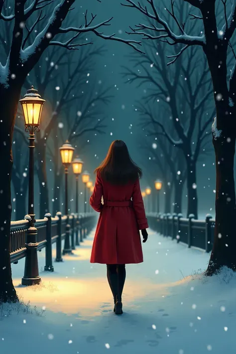 A woman in a red coat walks through a snowy park at night, surrounded by glowing lanterns. Her footsteps are the only sound when snowflakes fall silently beside her. The atmosphere is still static, drawn in a soft storybook style，The shade is warm，Detailed...