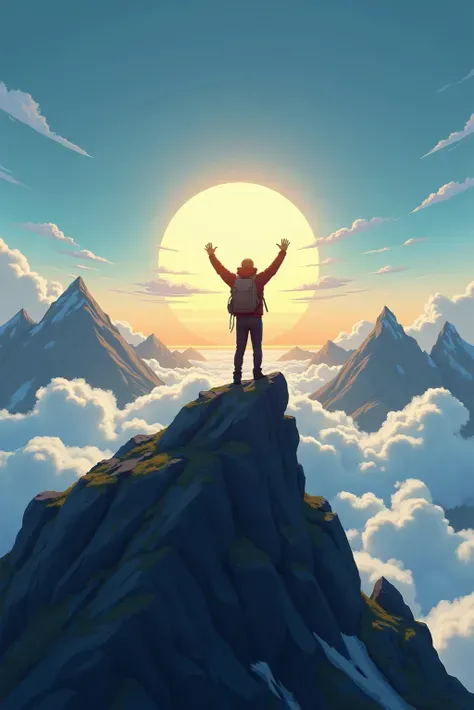 。A mountaineer standing on a rocky peak, as the morning sun shines over the horizon，Arms up. clouds circling below, and wind blowing on a jacket. illustrated in an epic adventure style, ，with highly dynamic lighting, beautiful environmental details, and ci...