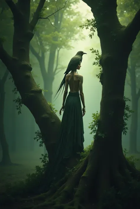 skin The forest guardian stands silently in an ancient tree, bird perched on her shoulder. The light is green and soft. mythical ecological fantasy style, Highly detailed texture and organic form, 4k nature narrative.