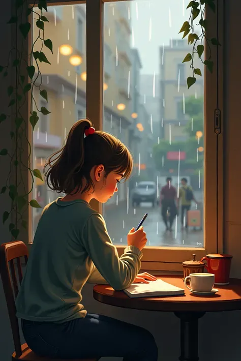 A girl sitting in front of a cafe window on a rainy day, Sketch on a notebook. Raindrops walk down the glass. Comfortable digital realism, a warm color palette, soft bokeh, High Resolution Storytelling Composition.