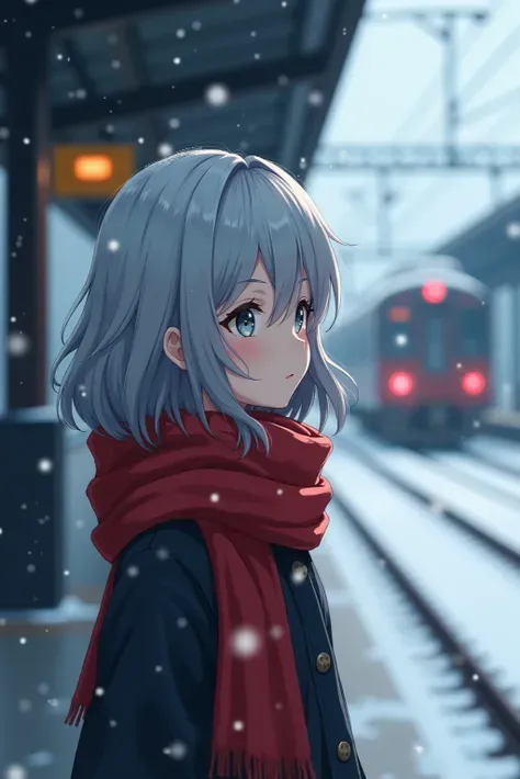 A girl with silver hair and a red scarf stands on a snow-covered train platform, As a distant train approaches，Snowflakes fall on her eyelashes. The picture is full of film feeling, Deeply emotional, ，Full of a sense of farewell. Painted with digital water...