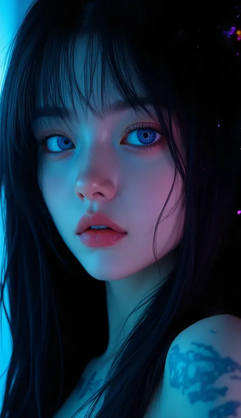A cinematic semi-realistic portrait of an enigmatic and attractive woman with a profound gaze and striking heterochromia, one eye a glowing sapphire blue and the other a warm amber. Intricate neon-blue tribal tattoos adorn her face, curving along her cheek...