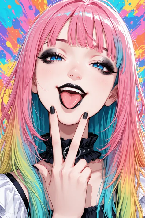 gesture,1girl, vibrant hair, messy hair, vivid colors, vibrant colors, colorful hair, colorful eyebrows, vibrant eyebrows, portrait, colorful background, bedhead, black mascara, heavy mascara, thick mascara, big mascara, black lips, half closed eyes, blue ...