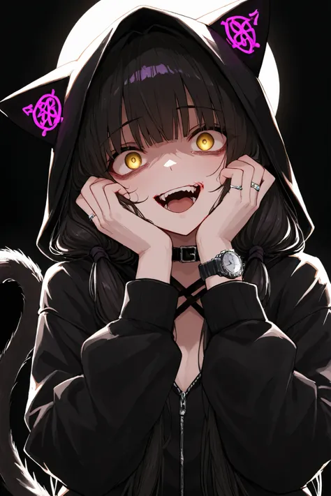  masterpiece,  Highest Quality,  murderer ,dark gothic, a wonderful,  character focus ,  Minimalist,  ring with hand near side angle,  upper body,  1 girl,  long hair、bungs、animal ears、is wearing a black hood、Black Jacket、cat ears、Twin tails are inside the...