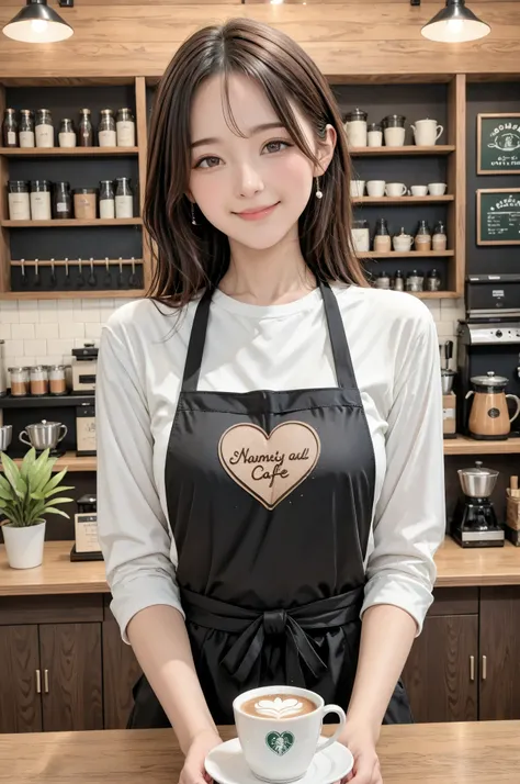 A young gal barista working at an urban cafe。  
Barista in a white shirt and a black apron、holding out a cafe latte with a smile。  
A heart-shaped latte art on the surface of the cup。  
The moment you exchange gaze with a customer、and feel an unexpected crush。  
The background is a warm cafe interior with wood、soft lighting、Houseplants。  
realistic and warm atmosphere。  